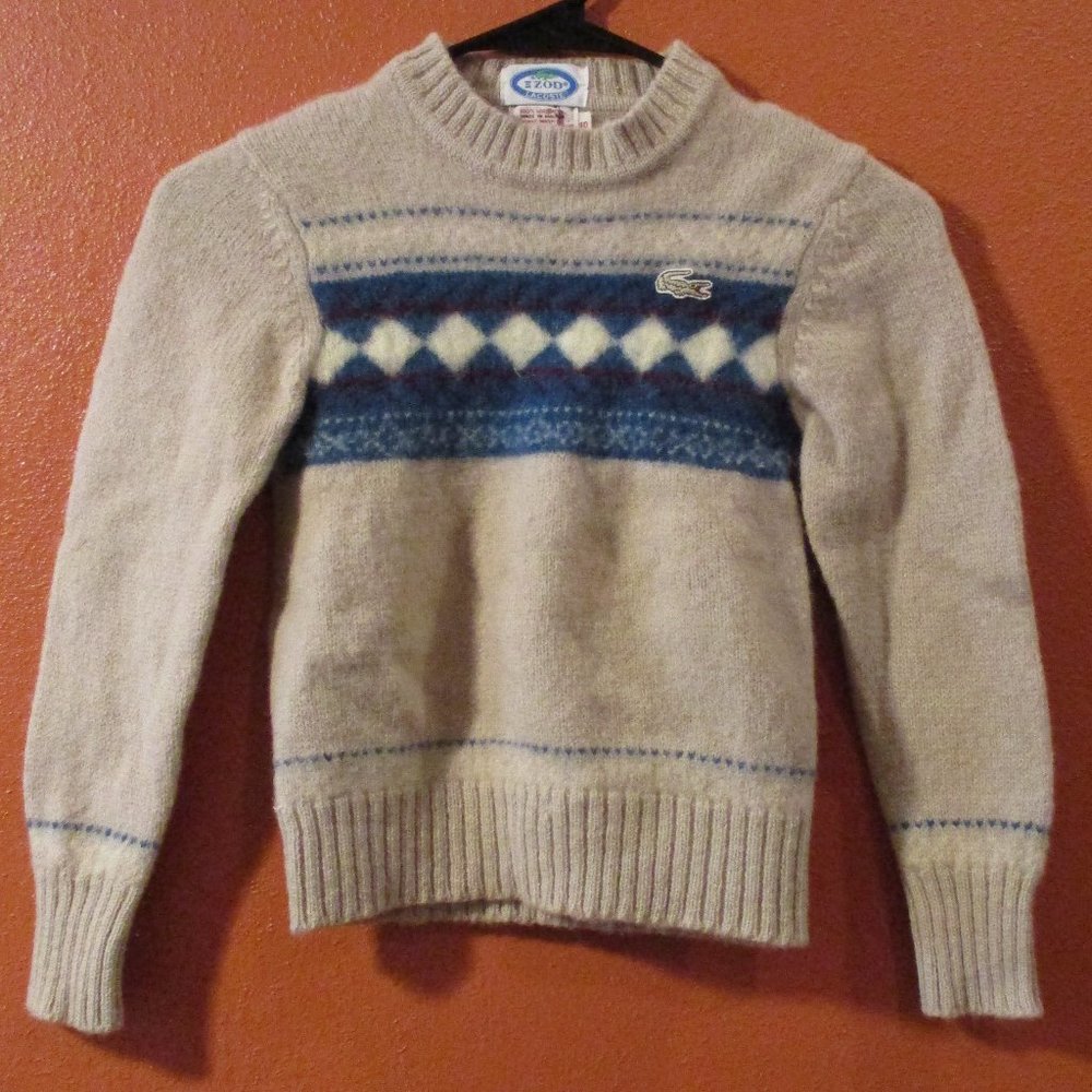 Lacoste Child Small (10) Brown Blue White 100% Virgin Wool Long Sleeve Sweater
